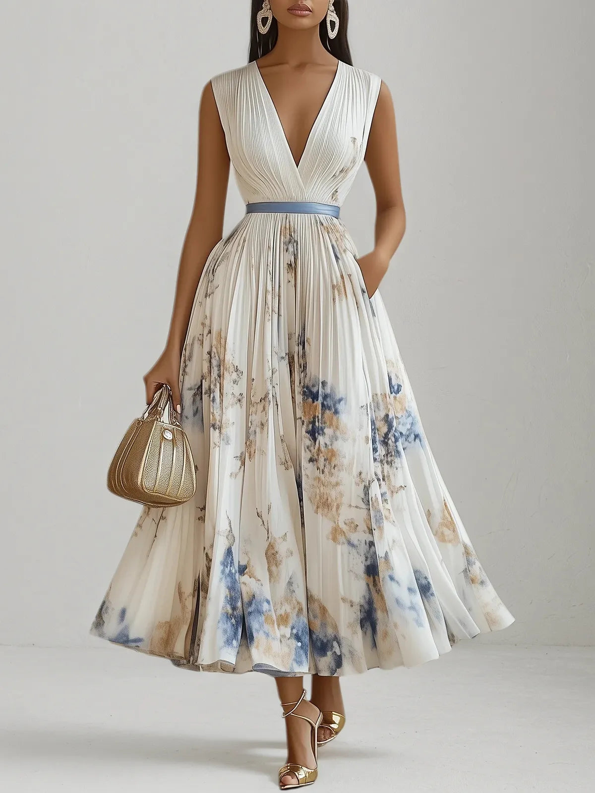 White Pleated Floral Chiffon V Neck Sleeveless A-Line Midi Dress - VelvetHem