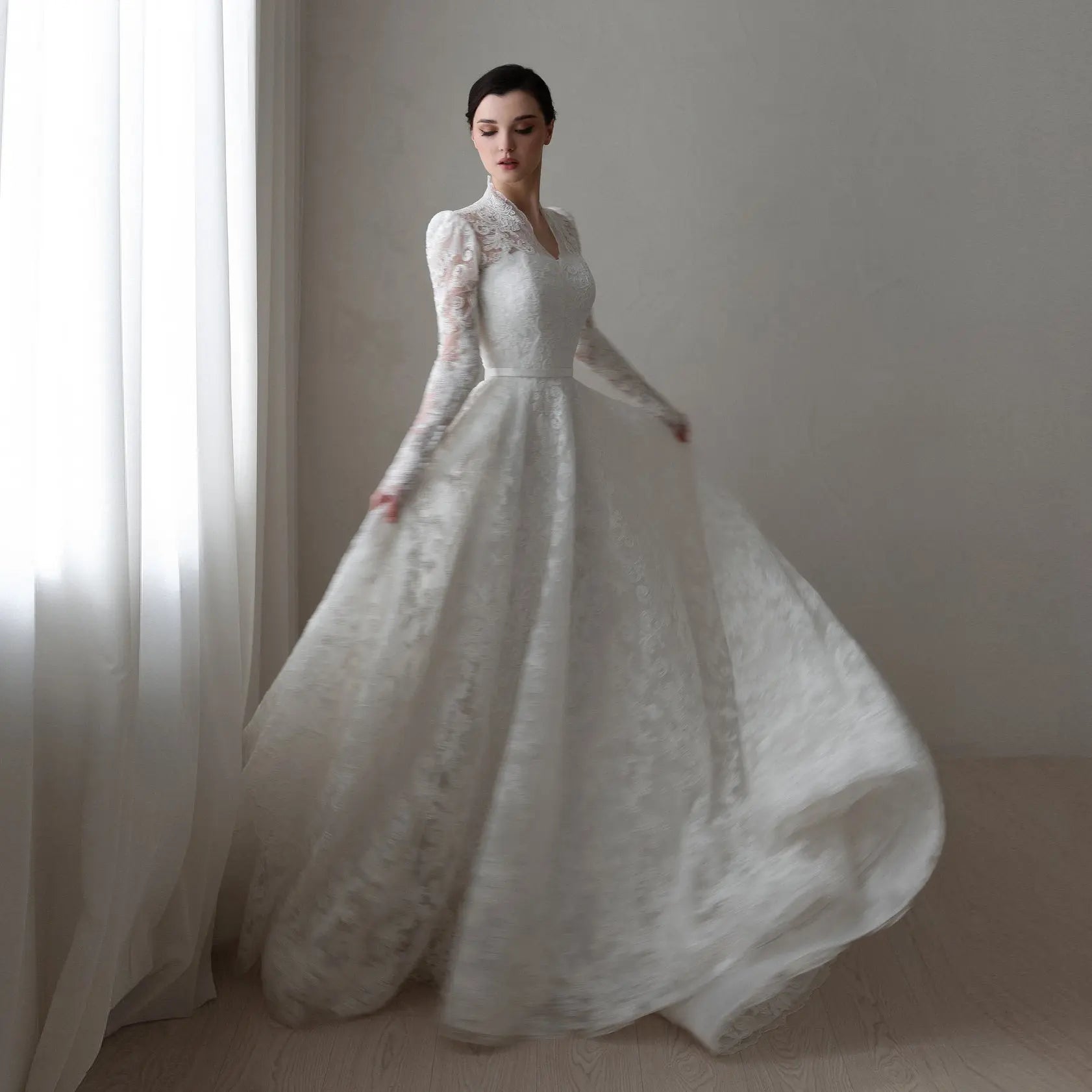 Elegant Printed Lace High Neck Wedding Dress with Train ZP171