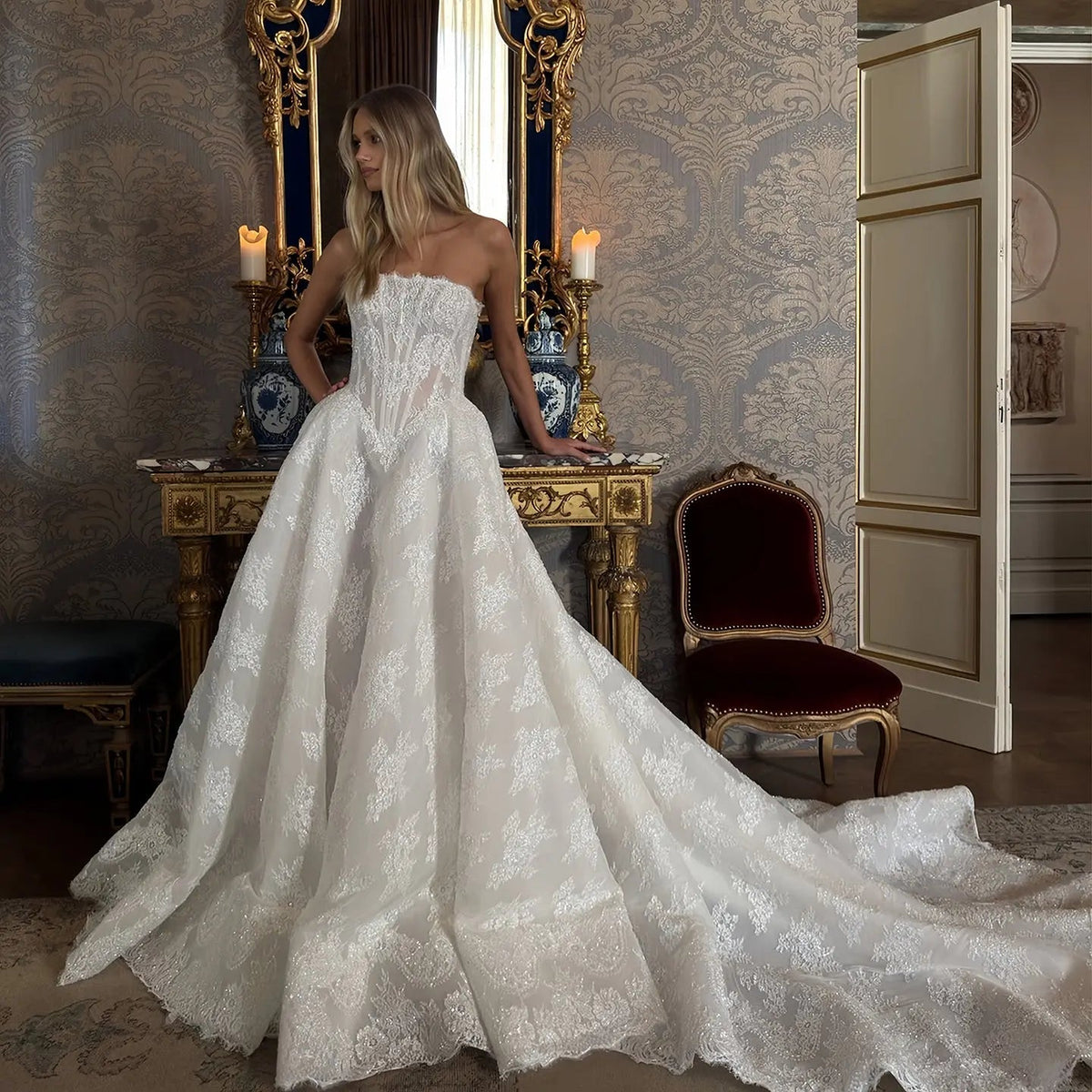 Regal White Strapless Sequin Sheer Lace Ball Gown Wedding Dress ZP097 - VelvetHem