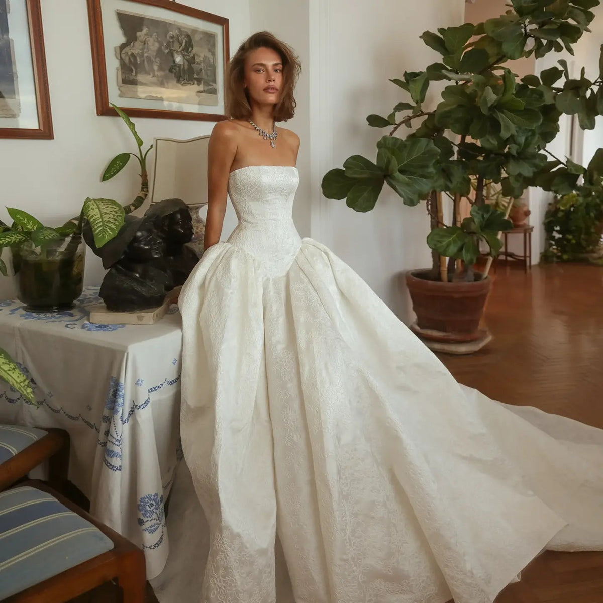 Classic White Satin Strapless Ball Gown Wedding Dress with Train ZP122 - VelvetHem