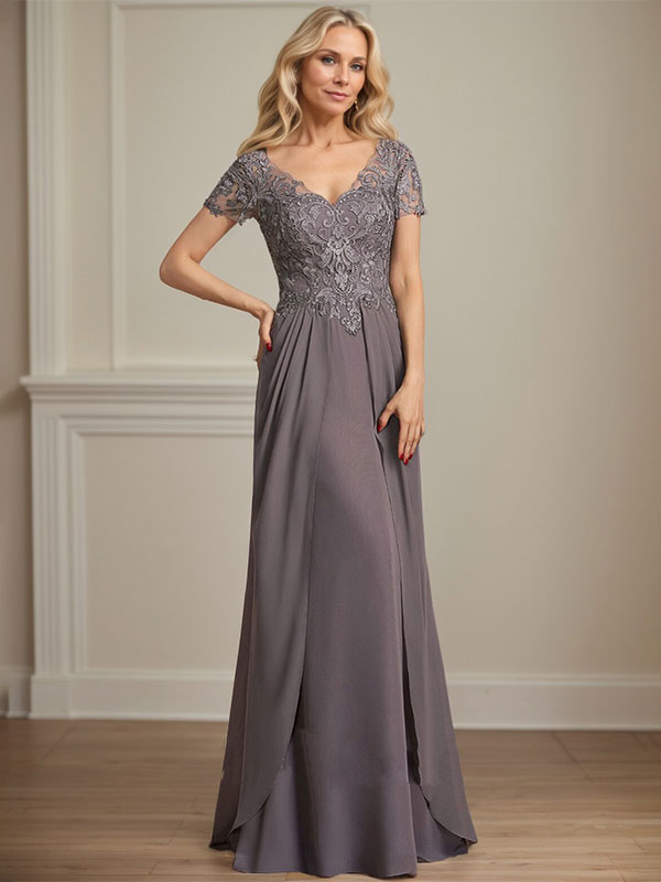 A-line V-Neck Floor-Length Chiffon Lace Mother of the Bride Dress - VelvetHem