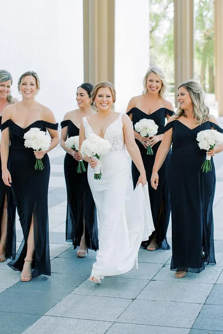 Black Mermaid Off-Shoulder Side Slit V-Neck Chiffon Long Bridesmaid Dress - VelvetHem