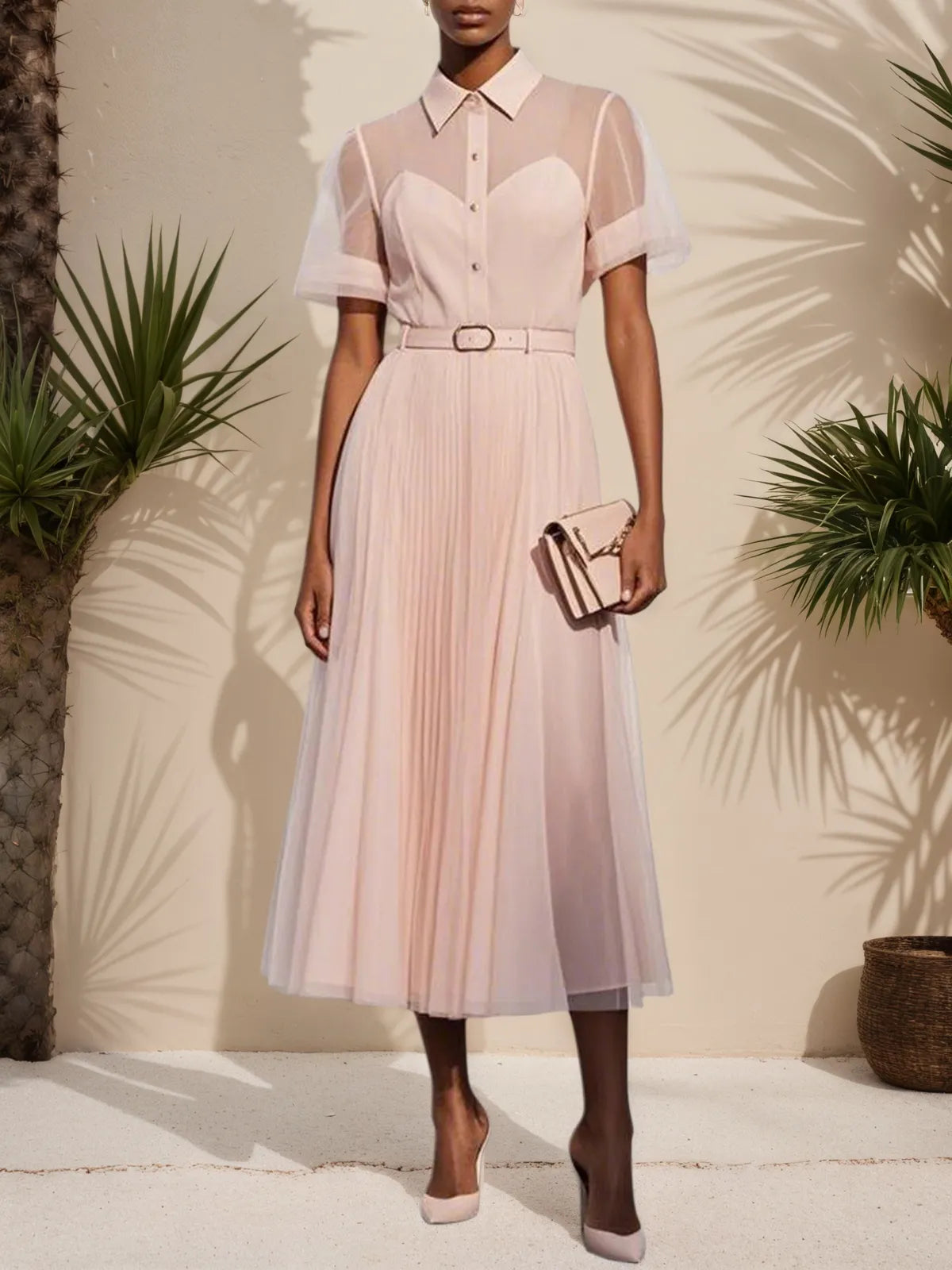 Pink Pleated Classic Shirt Collar Short Sleeve A-Line Midi Dress - VelvetHem