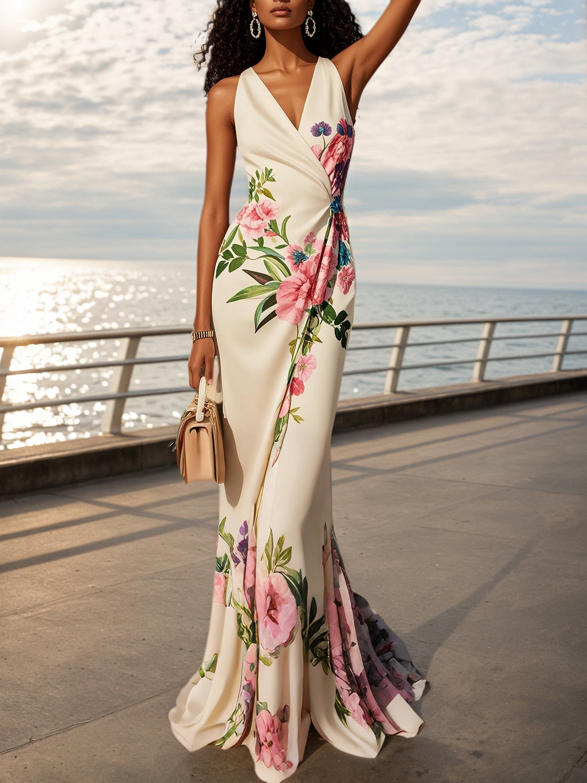 Pink Cross Floral V Neck Sleeveless Mermaid Gown Dress - VelvetHem