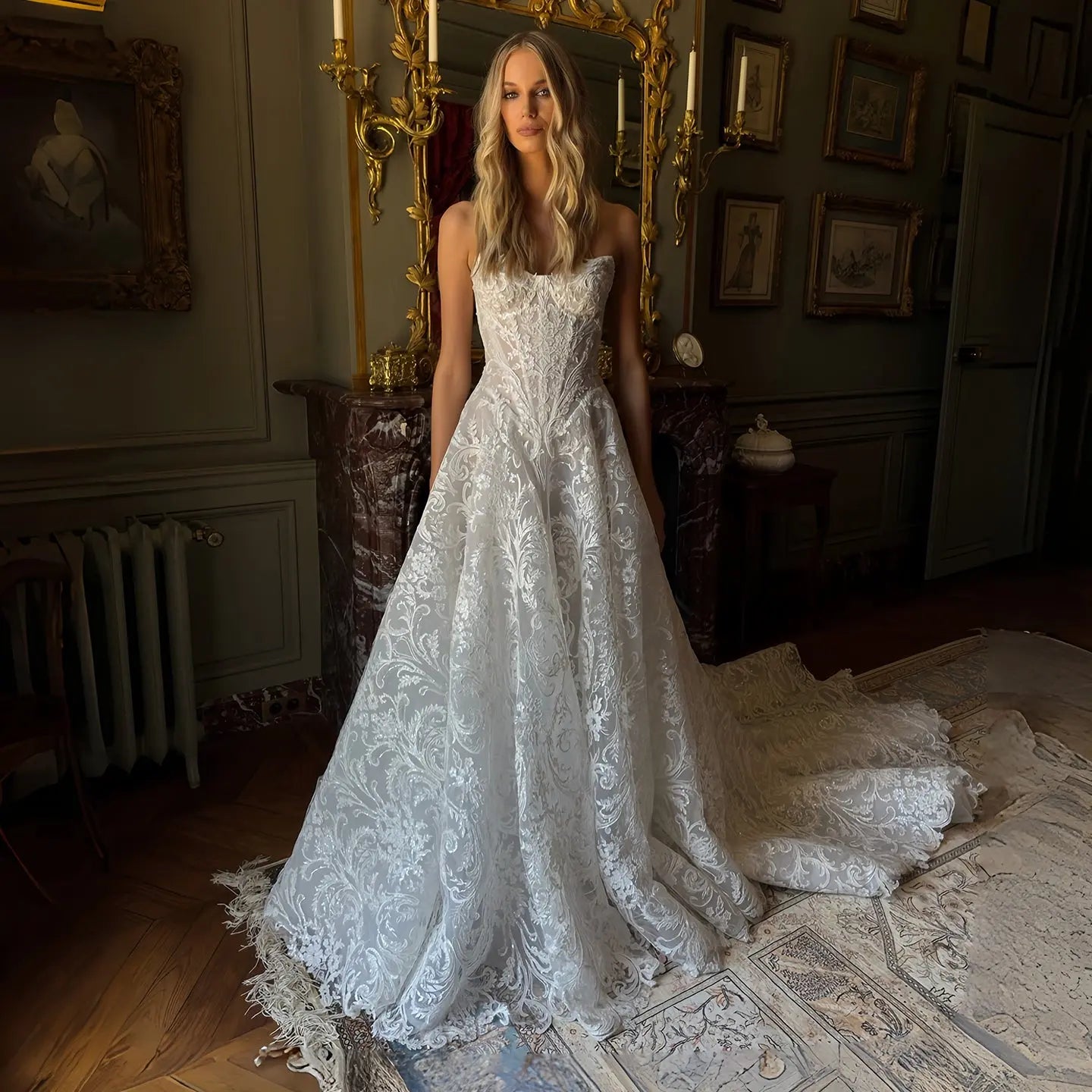 Vintage White Strapless Lace A-Line Wedding Dress with Scalloped Train ZP092