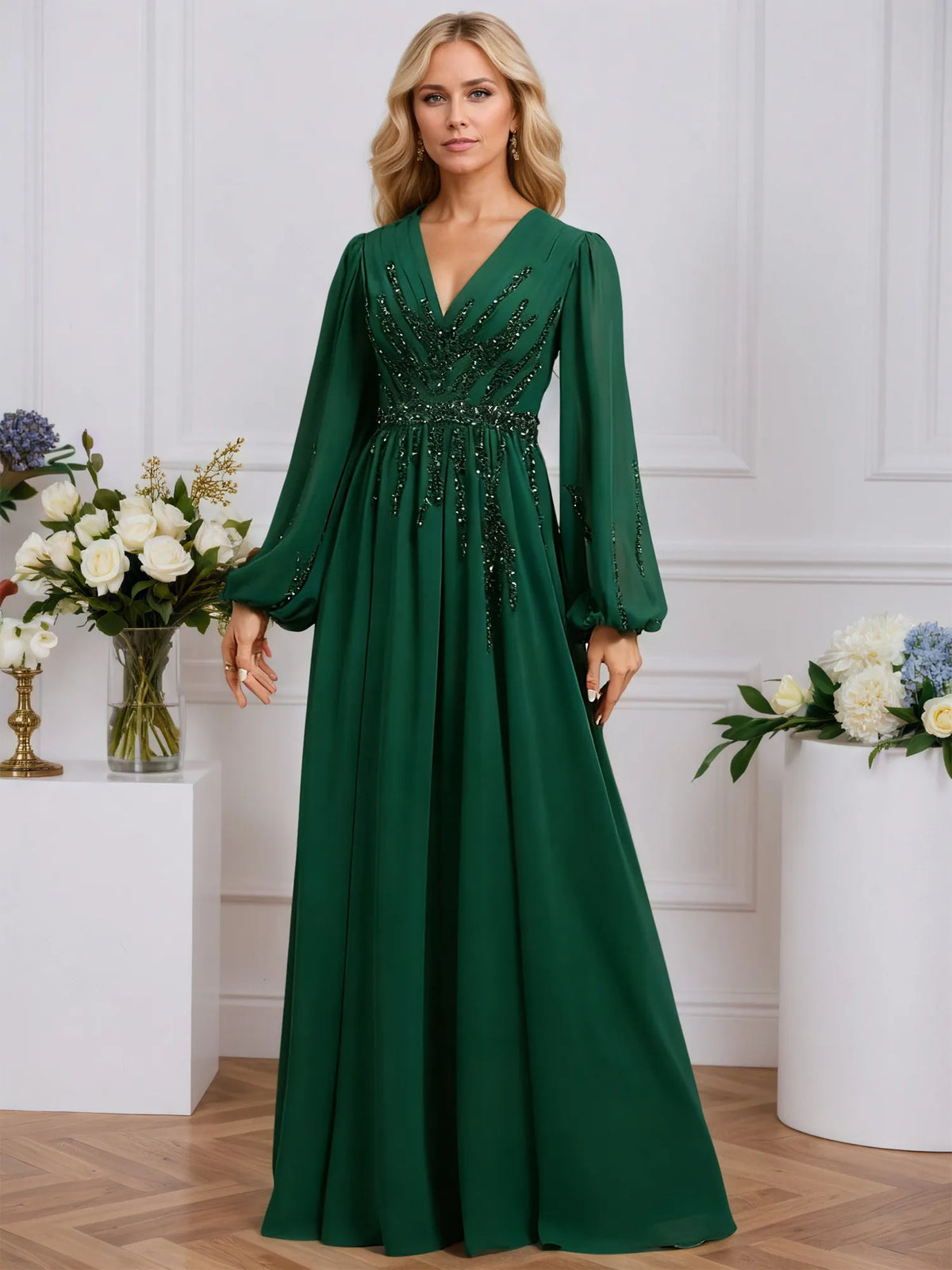 A-line V-Neck Floor-Length Chiffon Evening Dress With Pleated Sequins Beading - VelvetHem