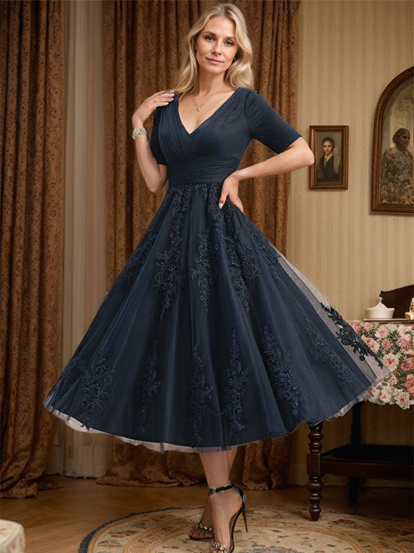 A-line V-Neck Tea-Length Tulle Lace Mother of the Bride Dress With Pleated - VelvetHem