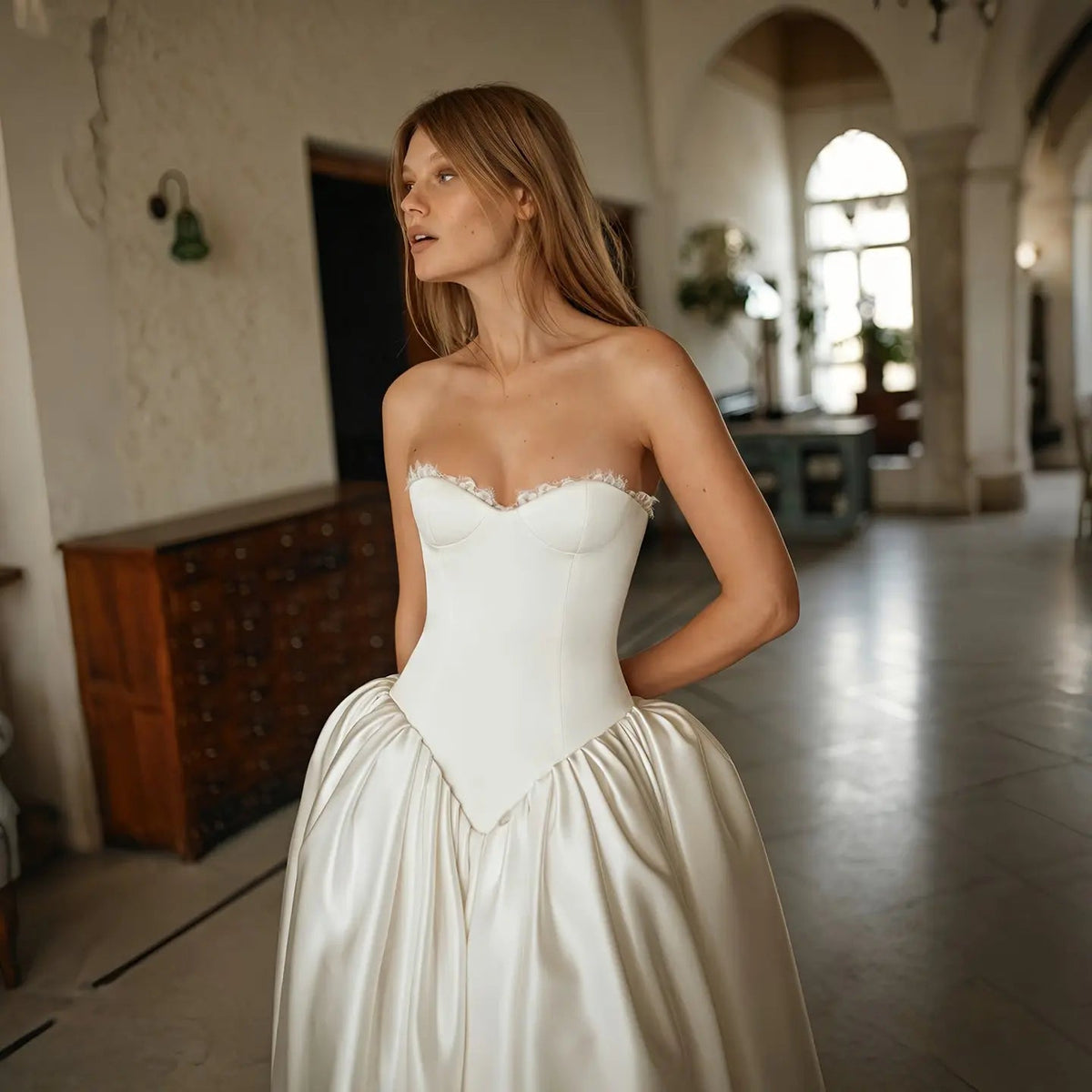 Minimalist Strapless Lace Trim Corset Satin Ball Gown Wedding Dress ZP043 - VelvetHem