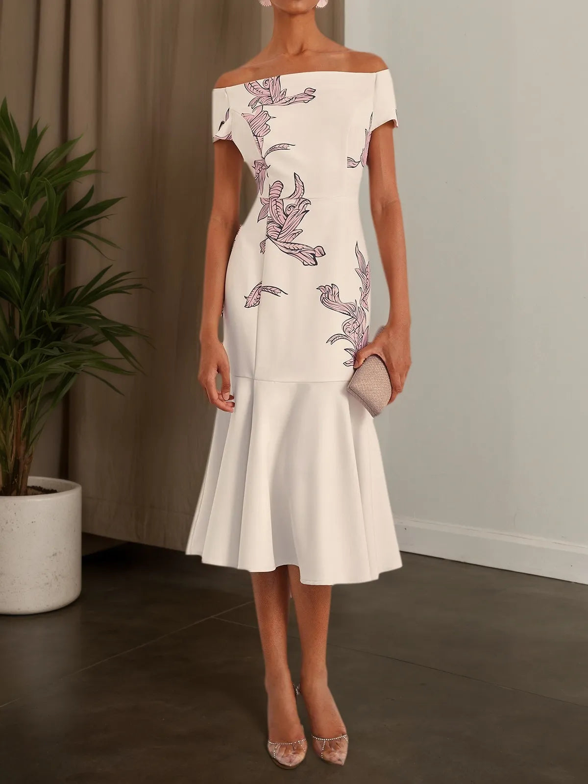 Apricot White Floral Off The Shoulder Mermaid Midi Dress - VelvetHem