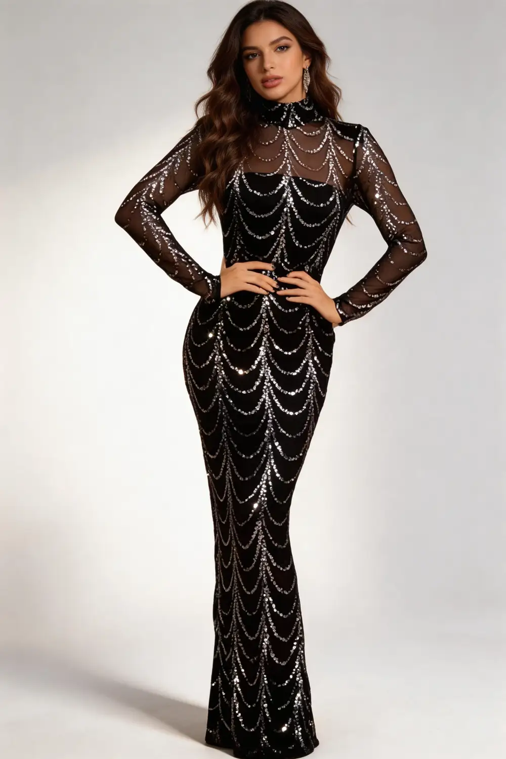 Black Silver Sequin Mesh Mermaid Prom Dress With Long Sleeves (ZD17152) - VelvetHem