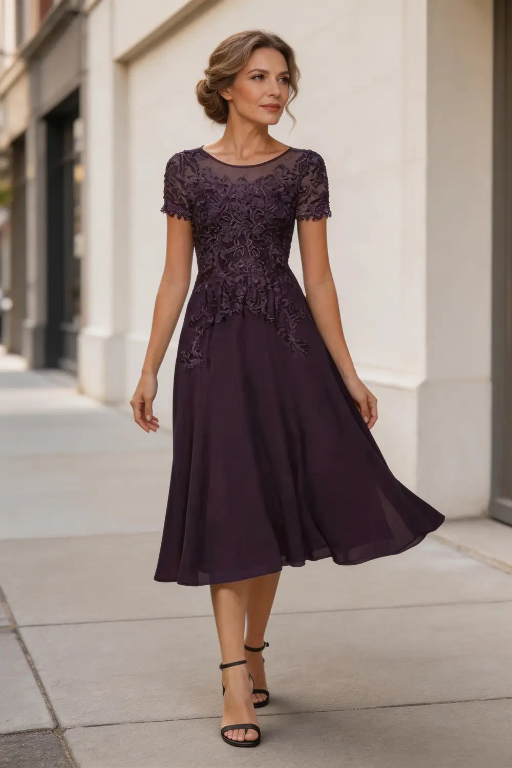 Elegant Plum Purple Lace Chiffon Tea-Length Mother of the Bride Dress by tangjianjun