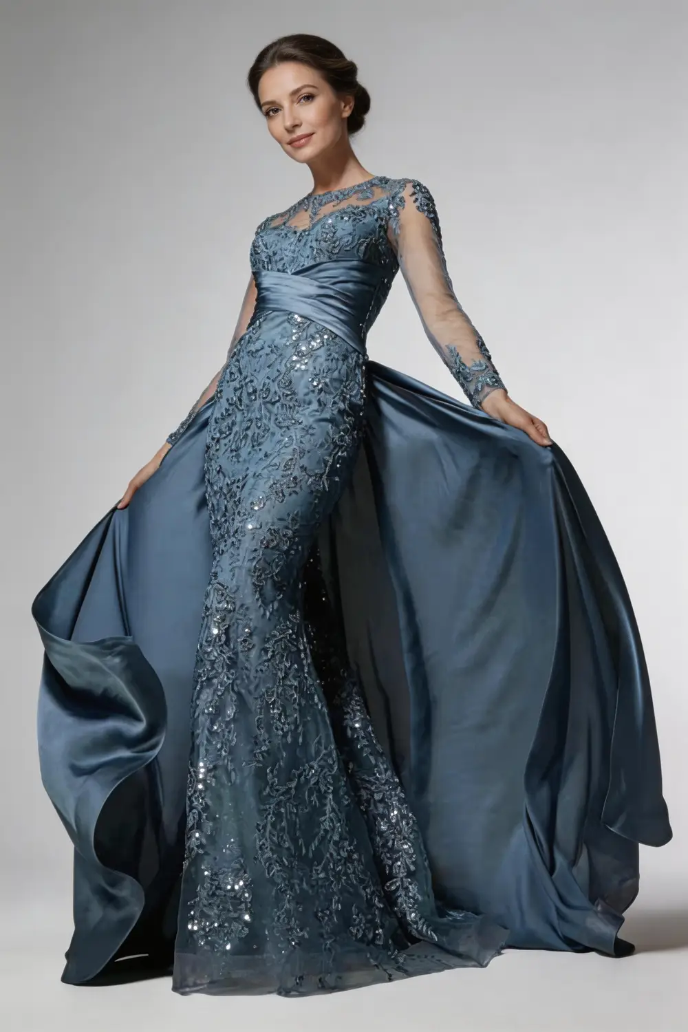 Steel Blue Mermaid Mother of the Bride Dress With Detachable Train (ZD17156) - VelvetHem