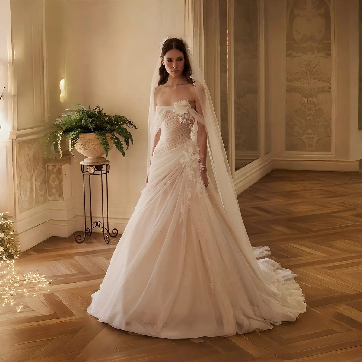 Dreamy Ivory Strapless 3D Floral Draped Wedding Dress with Veil ZP072