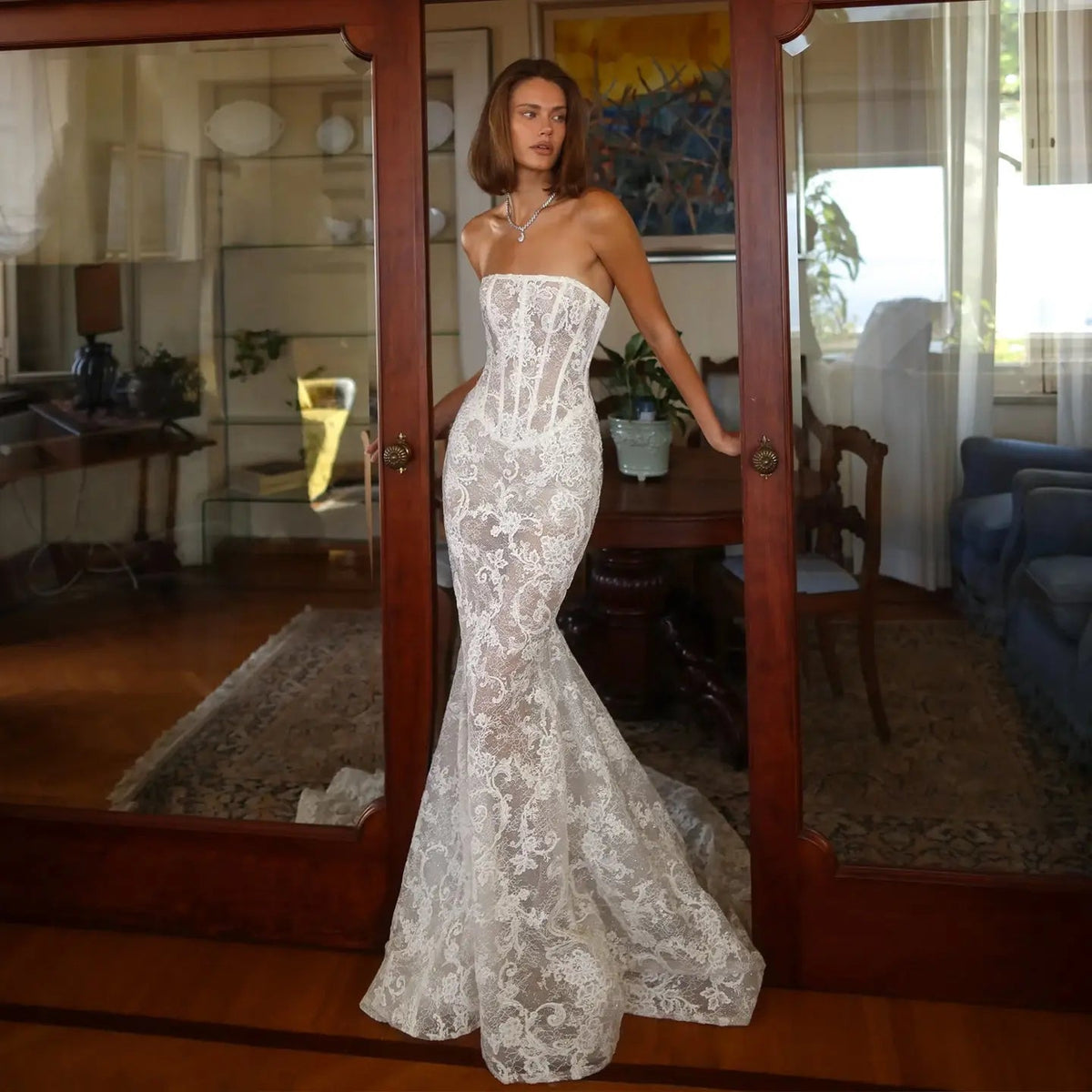 Vintage Ivory Lace Strapless Mermaid Wedding Dress ZP115 - VelvetHem