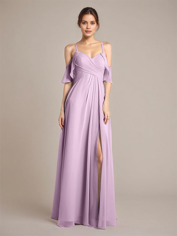 Wisteria A Line Chiffon Spaghetti Straps Sleeveless Floor-Length Bridesmaid Dresses With Ruffles - VelvetHem