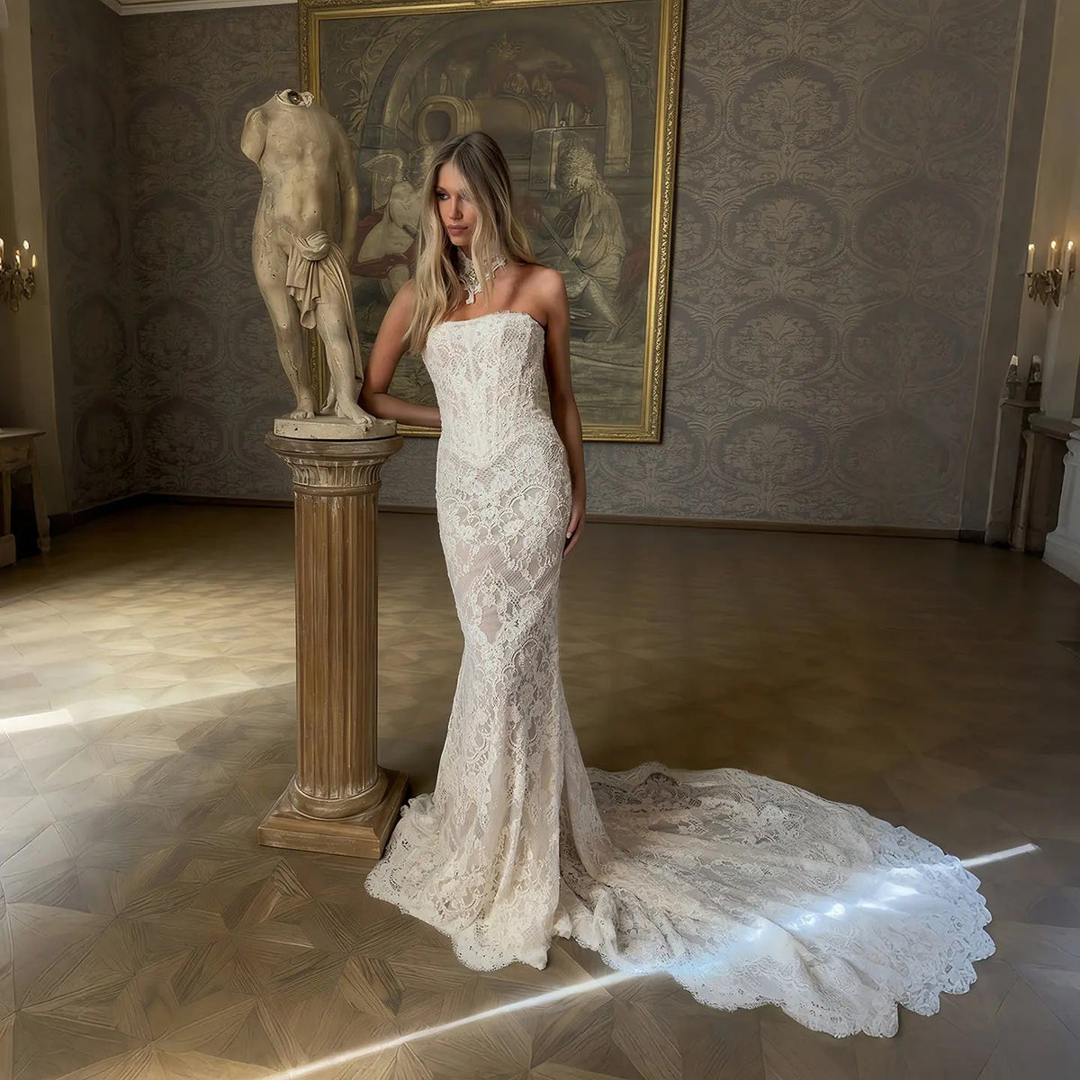 Luxury Ivory Strapless Lace Printed Mermaid Wedding Dress ZP098 - VelvetHem