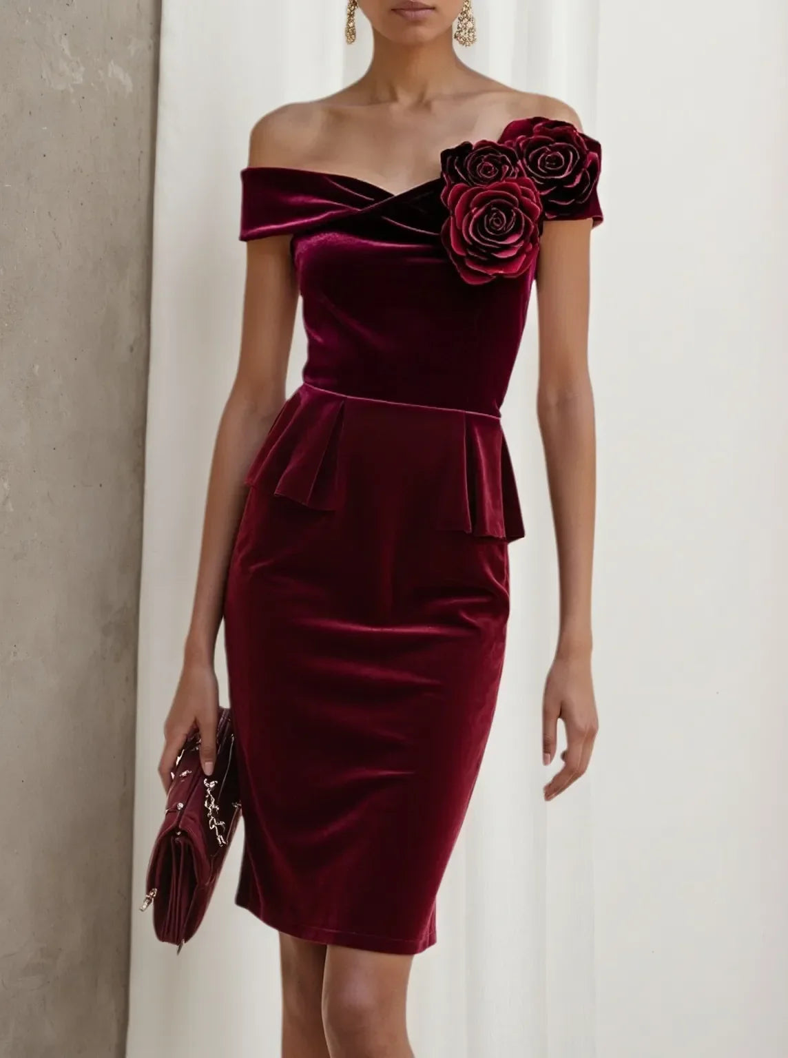 Wine Red 3D Floral Peplum Velvet Off The Shoulder Short Sleeve Sheath Midi Dress - VelvetHem