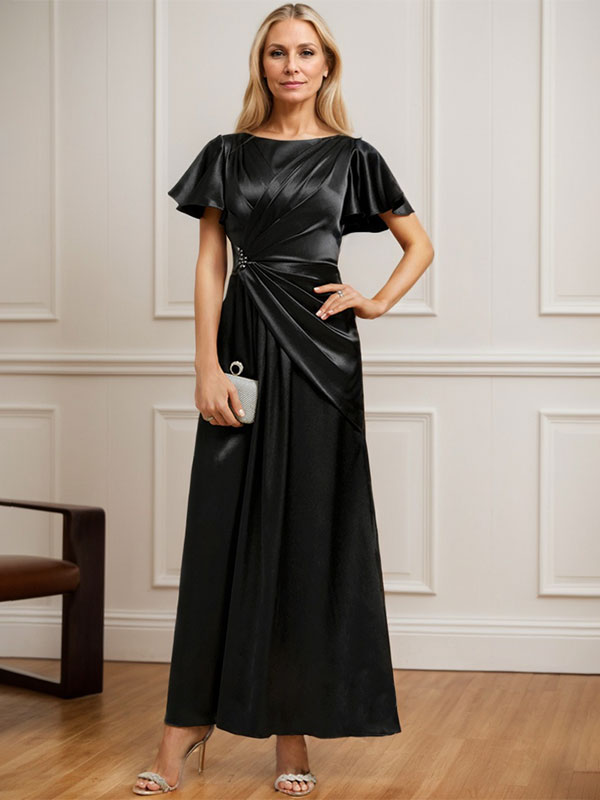 A-line Scoop Ankle-Length Stretch Satin Mother of the Bride Dress With Pleated Beading - VelvetHem