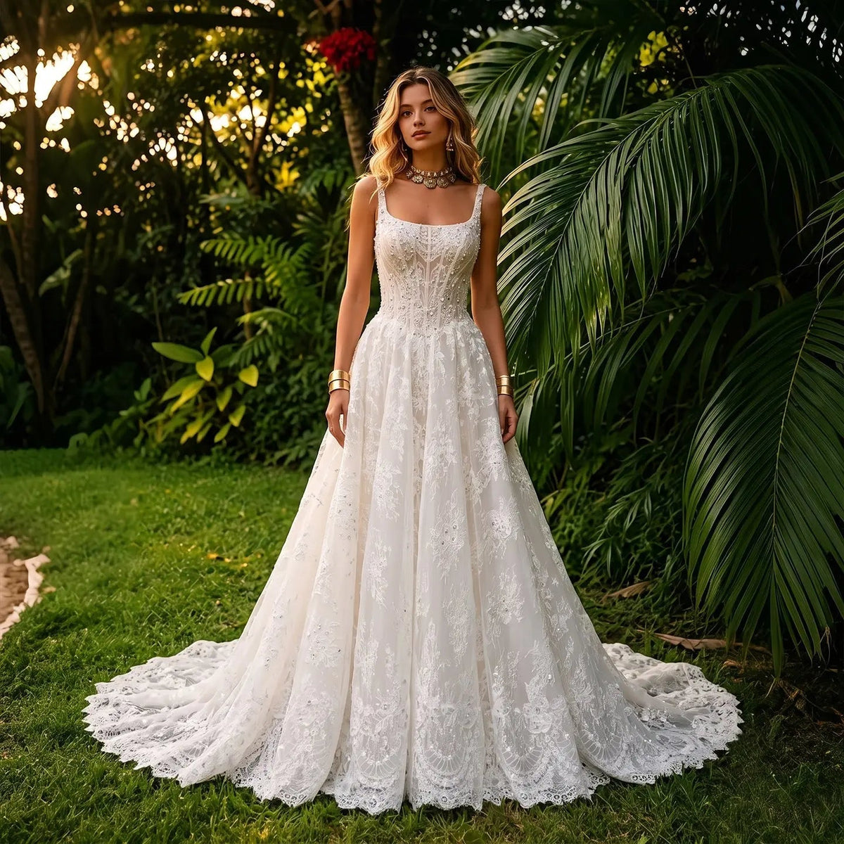 White Lace Spaghetti Strap Bridal Gown Square Neck Beaded Corset Ball Gown ZP012