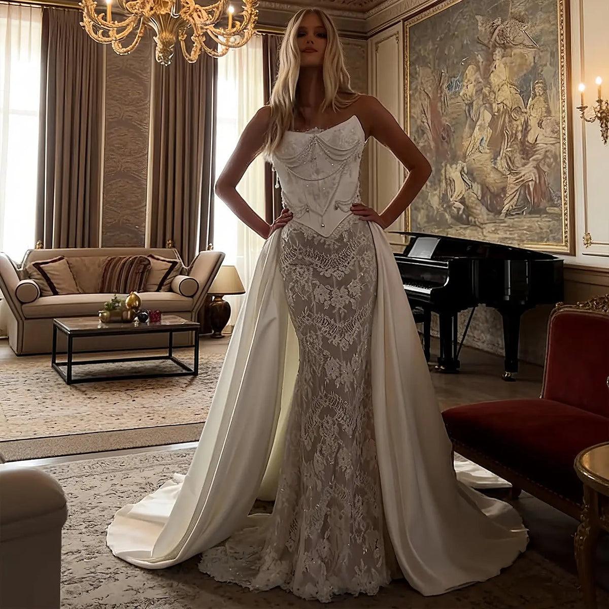 Elegant Ivory Strapless Beaded Corset Lace Mermaid Wedding Dress with Overskirt ZP101 - VelvetHem