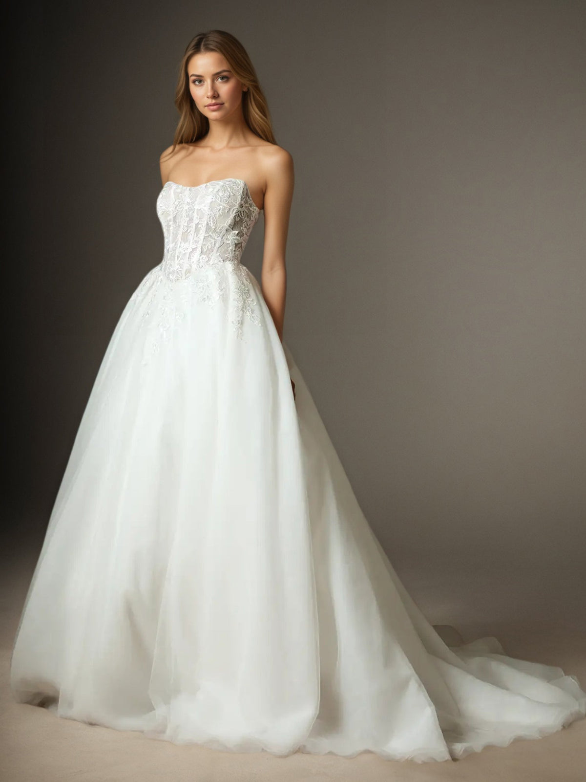 White Ball-Gown Strapless Lace Tulle Wedding Dress - VelvetHem