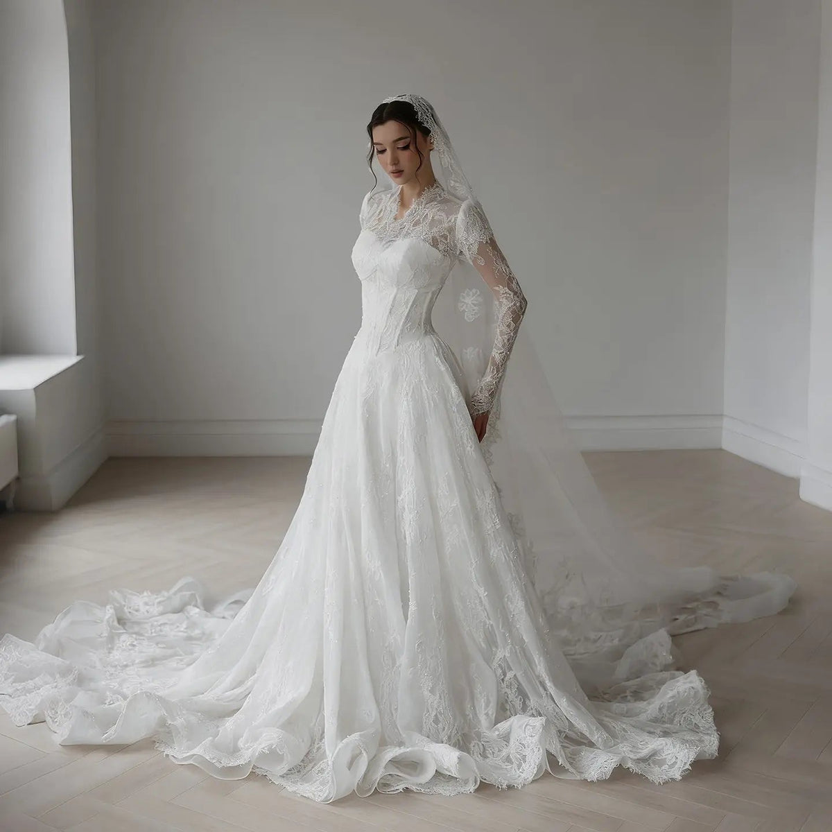 Romantic White Lace Long Sleeve A-Line Wedding Dress with Veil ZP109 - VelvetHem