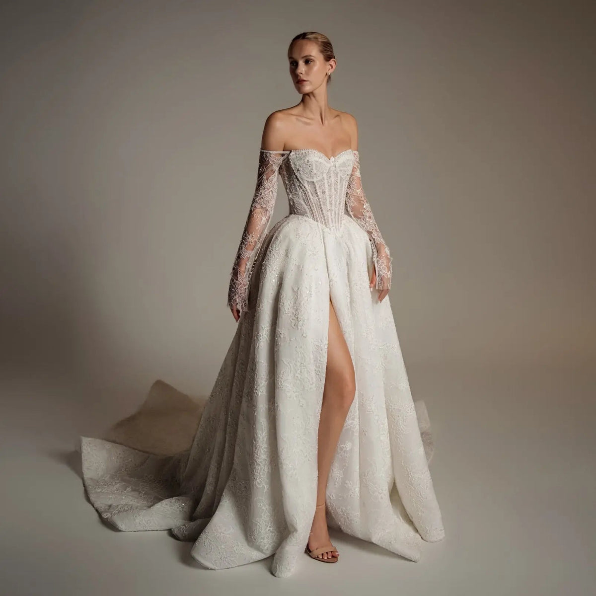 Luxury Ivory Strapless Lace High-Slit A-Line Wedding Dress ZP141 - VelvetHem