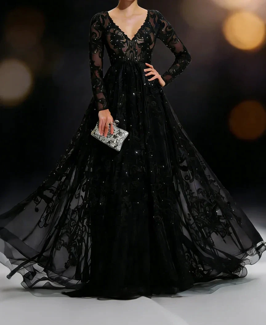 Black Lace Embroidery Long Sleeve Evening Gown V Neck Tulle Train Formal Dress (ZD16797) - VelvetHem