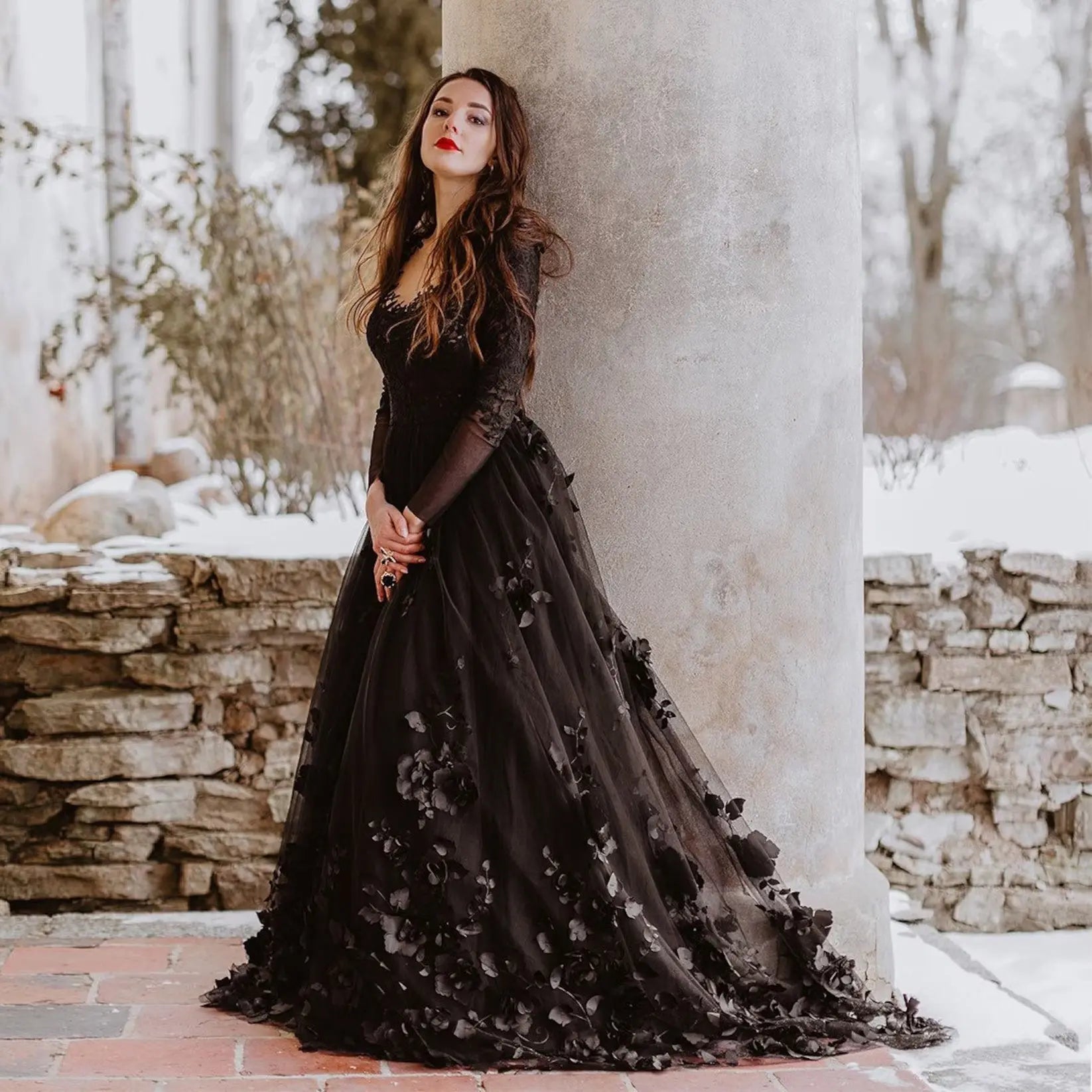 Black Luxury Gothic Wedding Dress 3D Floral Lace Tulle Sweep Train ZP026