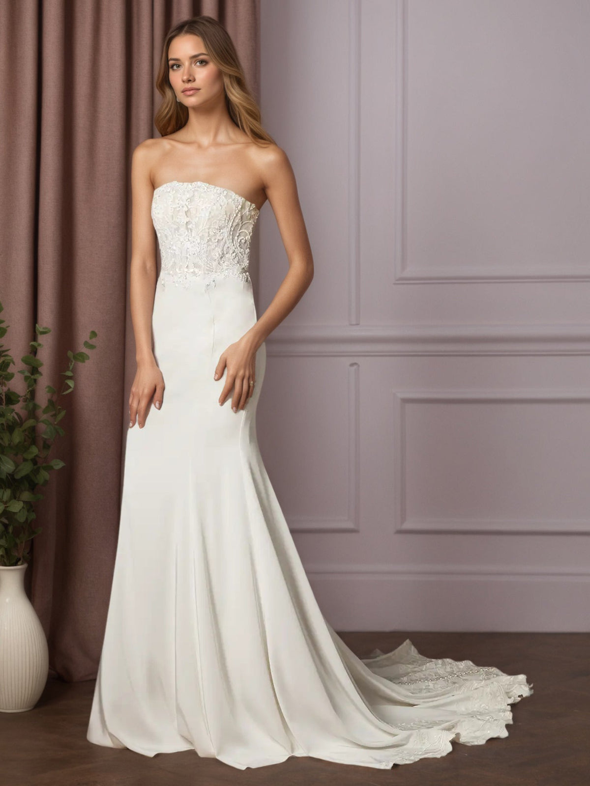 White Mermaid Lace Crepe Back Satin Wedding Dress - VelvetHem