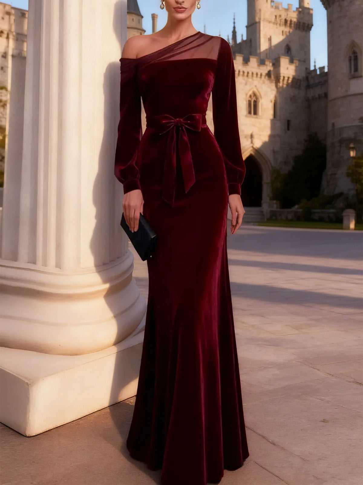 Evening Formal Dress Burgundy One Shoulder Velvet Maxi Dress - VelvetHem