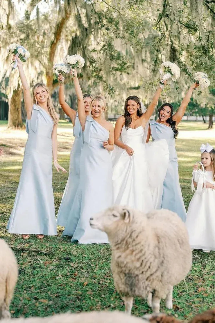 Light Blue One Shoulder Satin Sheath Long Bridesmaid Dresses - VelvetHem