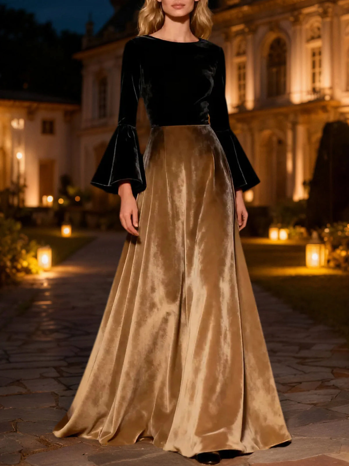 Black Flare Sleeves A-Line Long Velvet Holiday Party Dress - VelvetHem