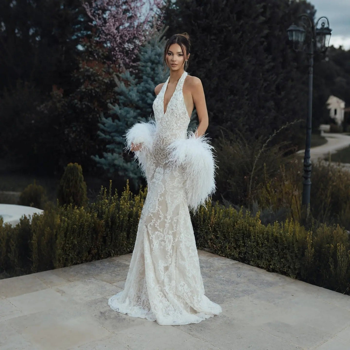 White Halter Backless Lace Mermaid Wedding Dress with Feather Shawl ZP003