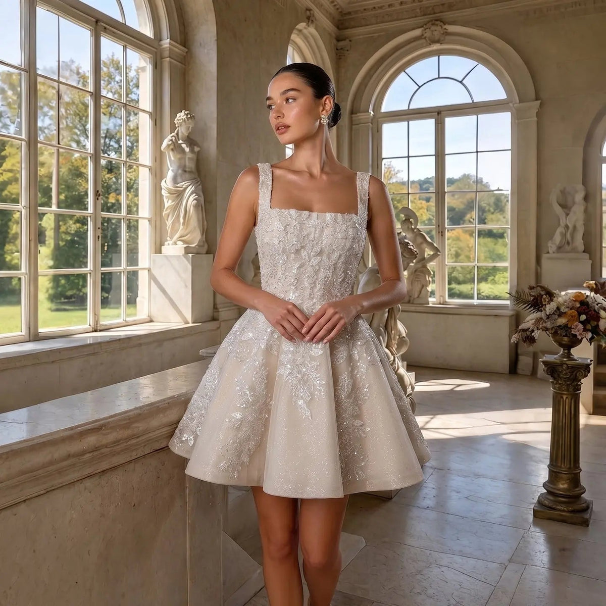 Romantic Champagne Sleeveless A-Line Short Wedding Dress with Deep V Back ZP046 - VelvetHem