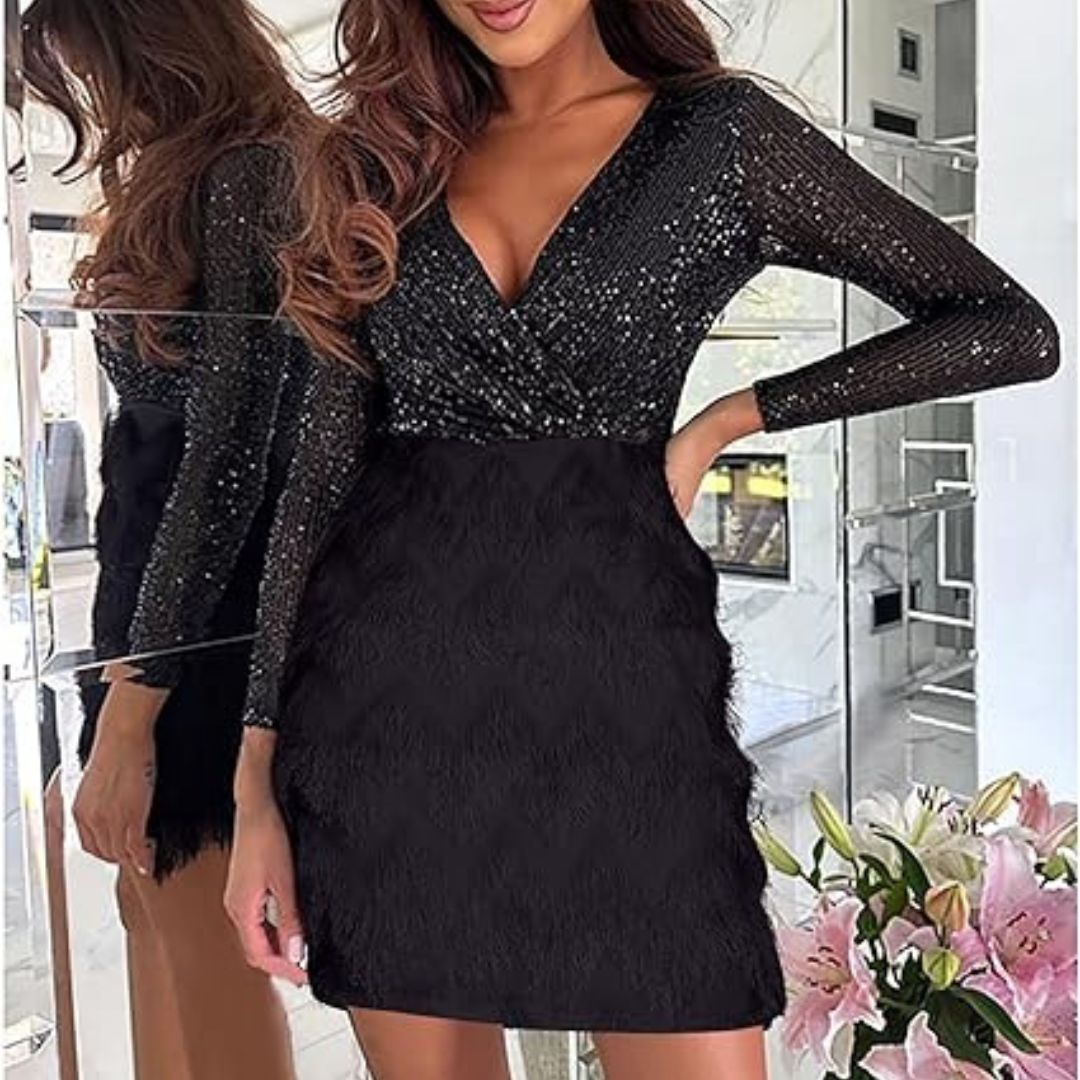 Celia Statement Sequin Dress with V Neck Chic Silhouette Collection