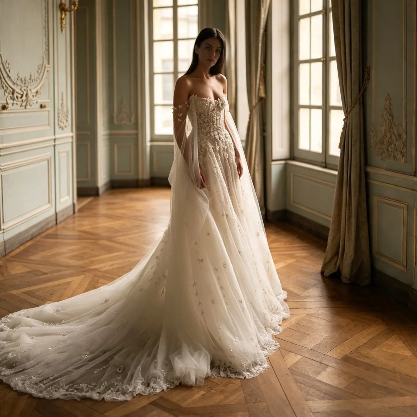 White Sparkly Beaded Corset Tulle Wedding Gown with Long Train ZP206