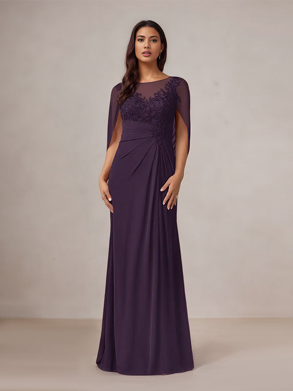 Plum Sheath/Column Chiffon Boat Neck Floor Length Mother of the Bride Dress - VelvetHem