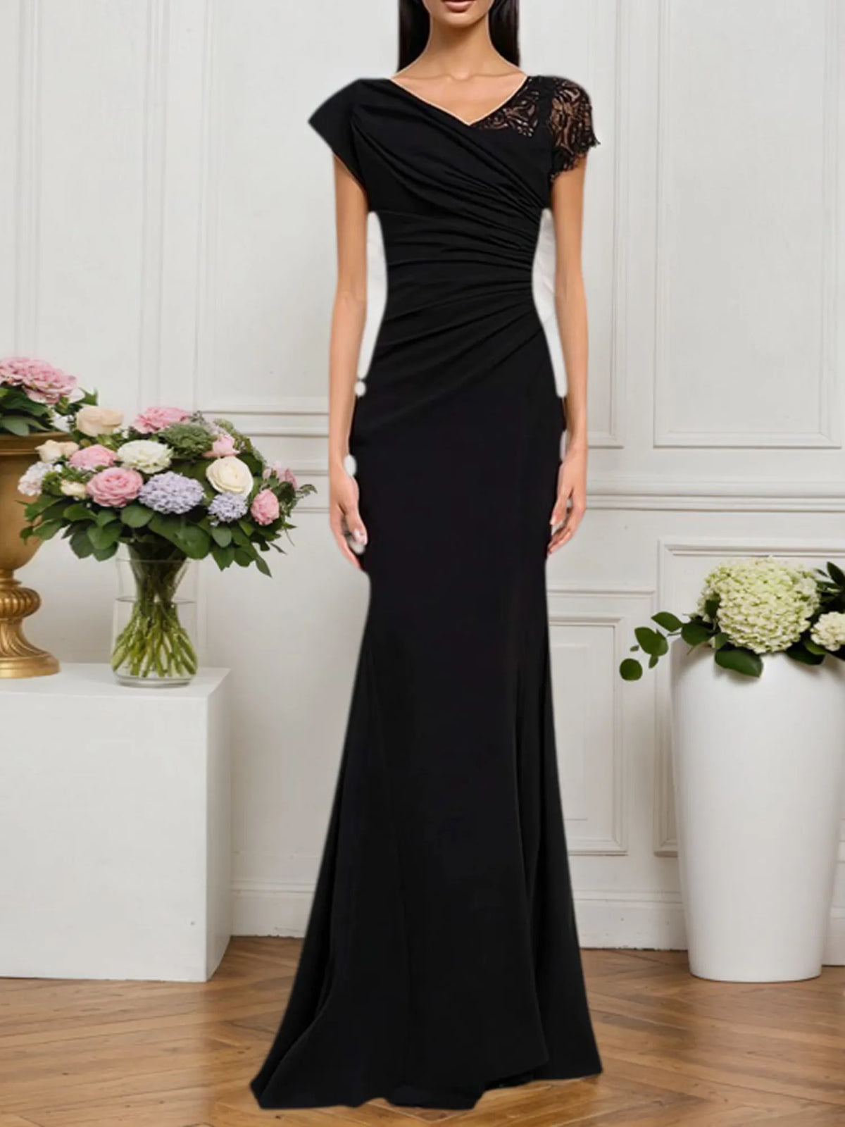 Formal Dress Black V Neck Lace Maxi Dress - VelvetHem