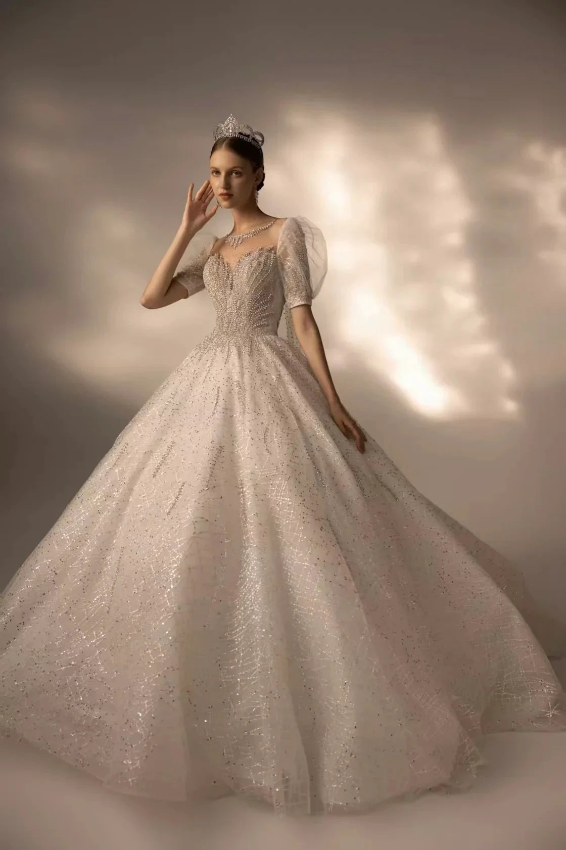 Sparkling Ball Gown Sweetheart Neck Tulle Wedding Dress with Beaded Embroidery & Sheer Puff Sleeves (ZD16917) - VelvetHem