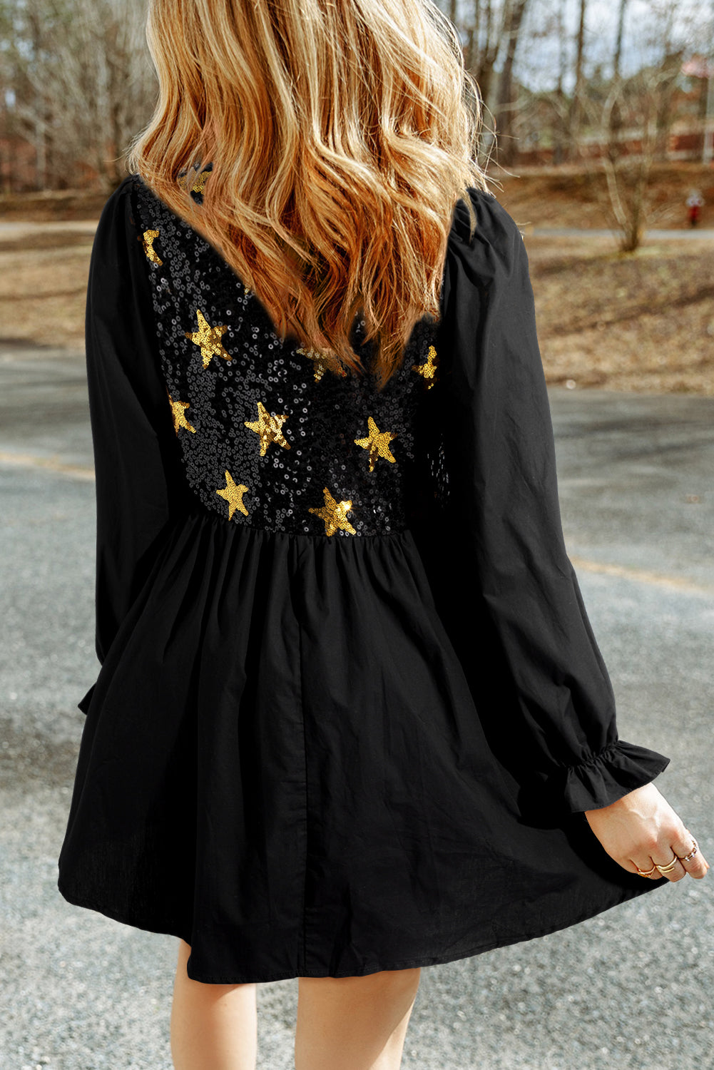 Ana Chic Sequin Star Mini Dress with a Round Neckline and Flounced Sleeves Elevated Occasion Wear