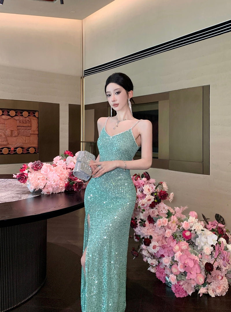 Green Sequin High-Slit Evening Dress - Elegant Party & Formal Gown - VelvetHem