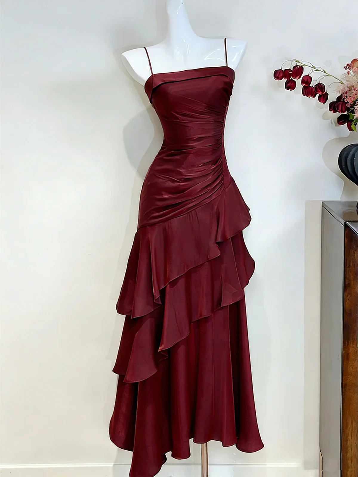 Wine Red Satin Ruched Prom Dress,Spaghetti Straps Tiered Party Dress Evening Dress - VelvetHem