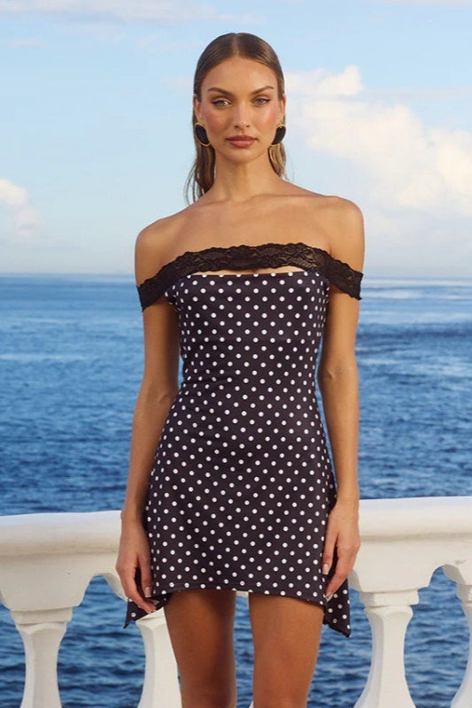 Off-Shoulder Lace Trim Polka Dot Bodycon Mini Dress - VelvetHem