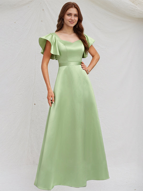 A Line Sage Satin Asymmetrical Neck Floor Length Dress With Ruffle Sleeves - VelvetHem