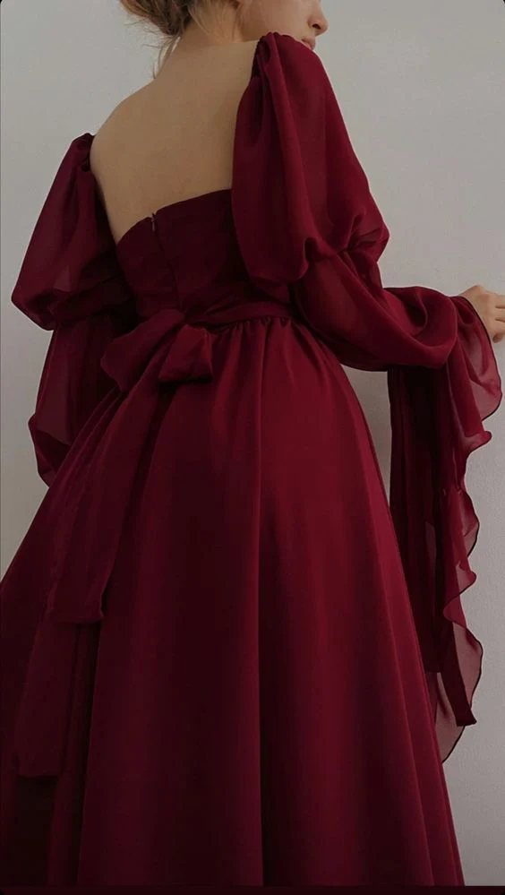 Vintage Burgundy Long A Line Prom Dress Romantic Evening Dress Party Gown