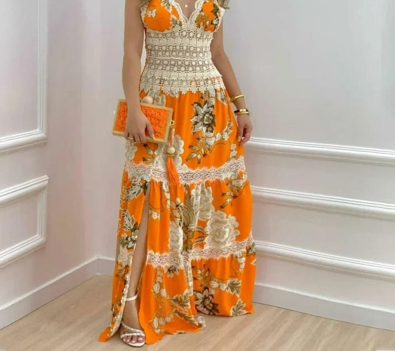 Floral Lace Split Hem Maxi Dress - VelvetHem