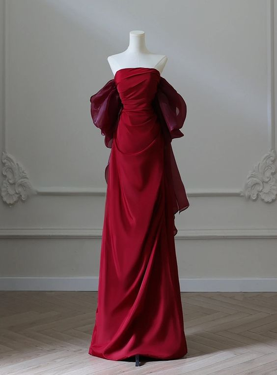 Burgundy Strapless Pleats Prom Dress Elegant Mermaid Evening Dress Wedding Party Dress - VelvetHem