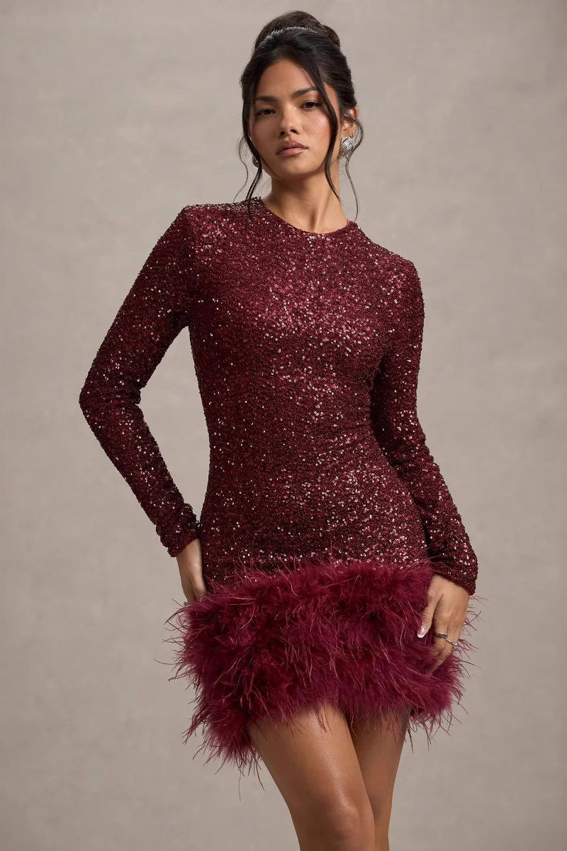 Solid Color Sequin Feather Long Sleeve Round Neck Sequin Dress - VelvetHem
