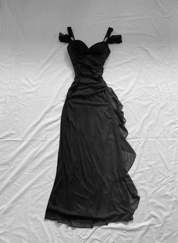 Shiny Black Chiffon Long Prom Dress Evening Dress Y7487 - VelvetHem